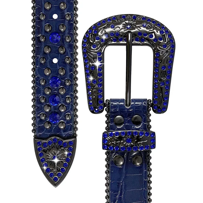 Engraved Buckle Western Navy Strap With Blue Studded Rhinestone Belt