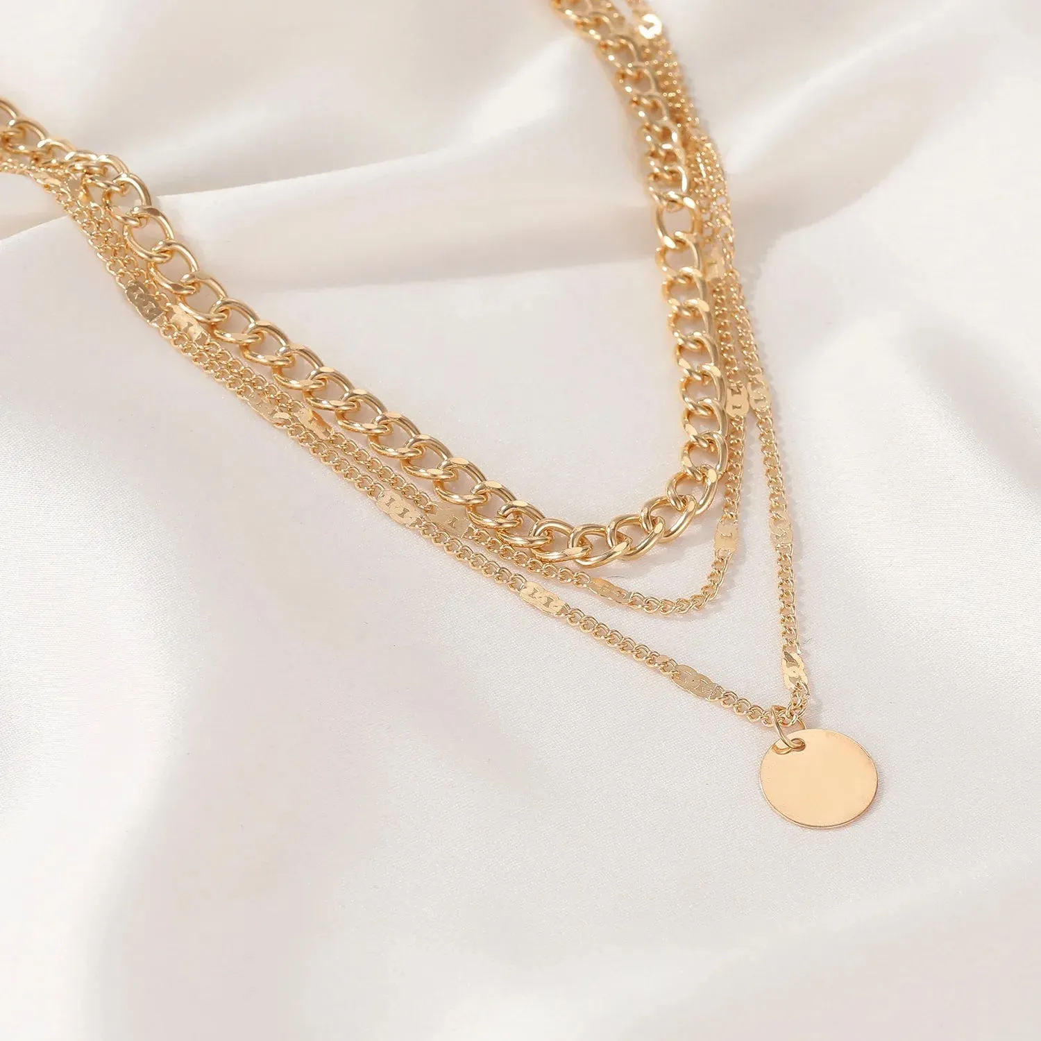 European Metal Multilayer Clavicle Retro Geometric Disc Wafer Gift Necklake