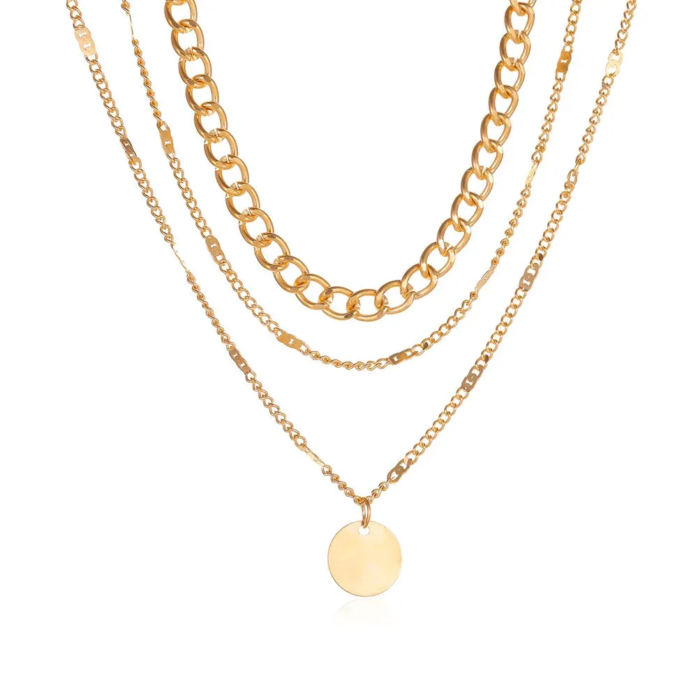 European Metal Multilayer Clavicle Retro Geometric Disc Wafer Gift Necklake
