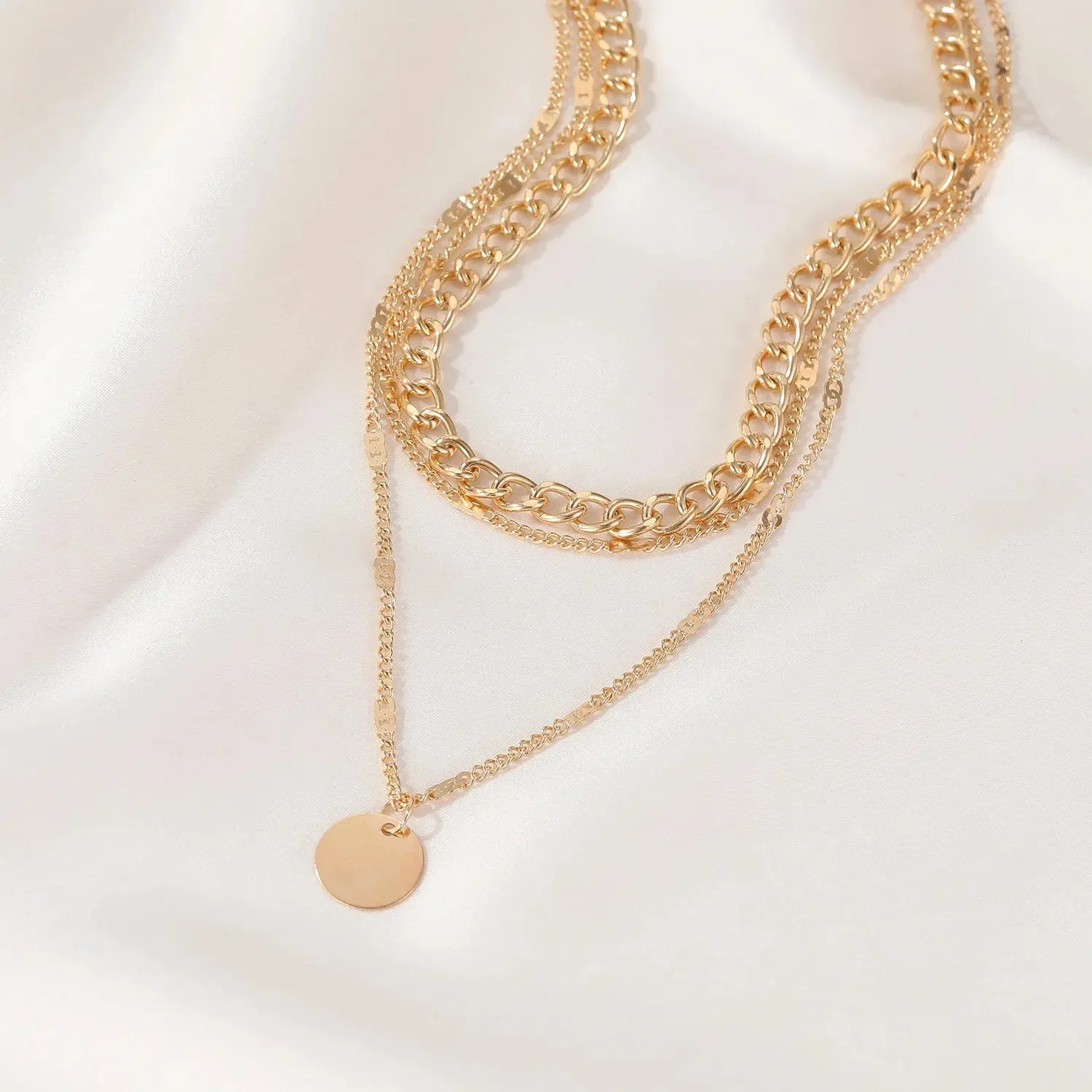 European Metal Multilayer Clavicle Retro Geometric Disc Wafer Gift Necklake