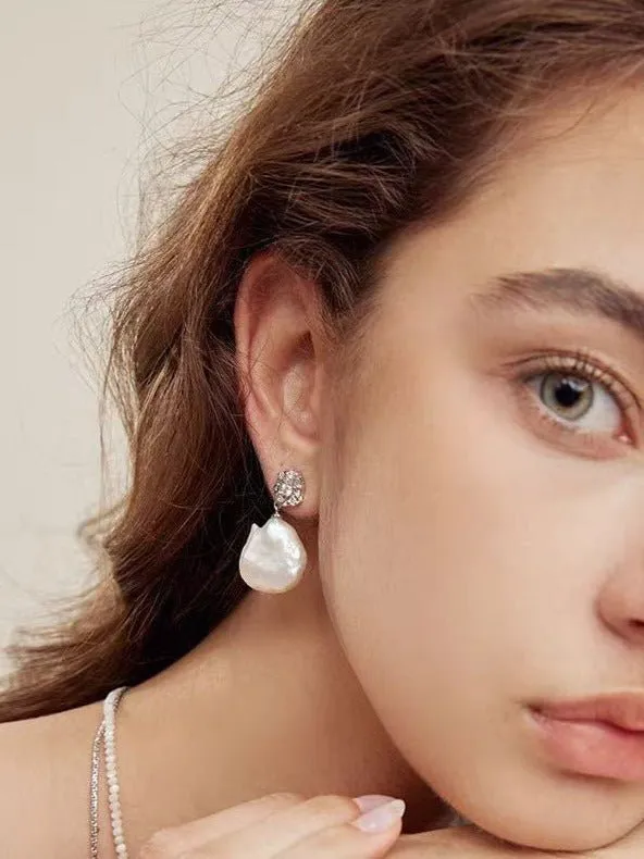 French Style Lava Petal Baroque Pearl Drop Earrings