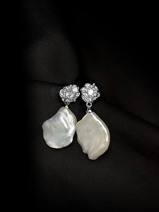 French Style Lava Petal Baroque Pearl Drop Earrings