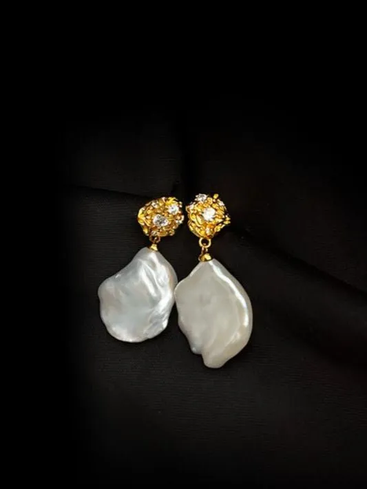 French Style Lava Petal Baroque Pearl Drop Earrings