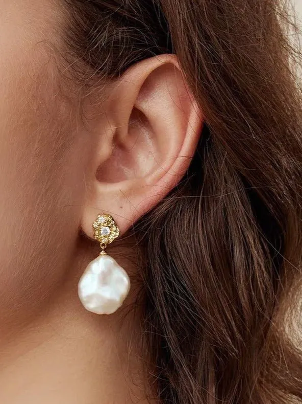 French Style Lava Petal Baroque Pearl Drop Earrings