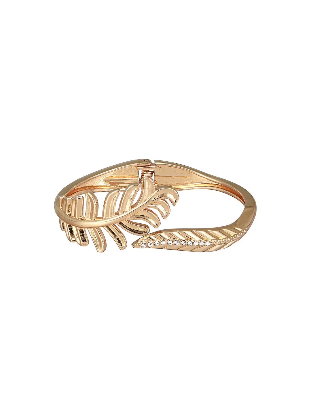 Gold-Plated American Diamond Studded Leaf Shaped Cuff Bracelet