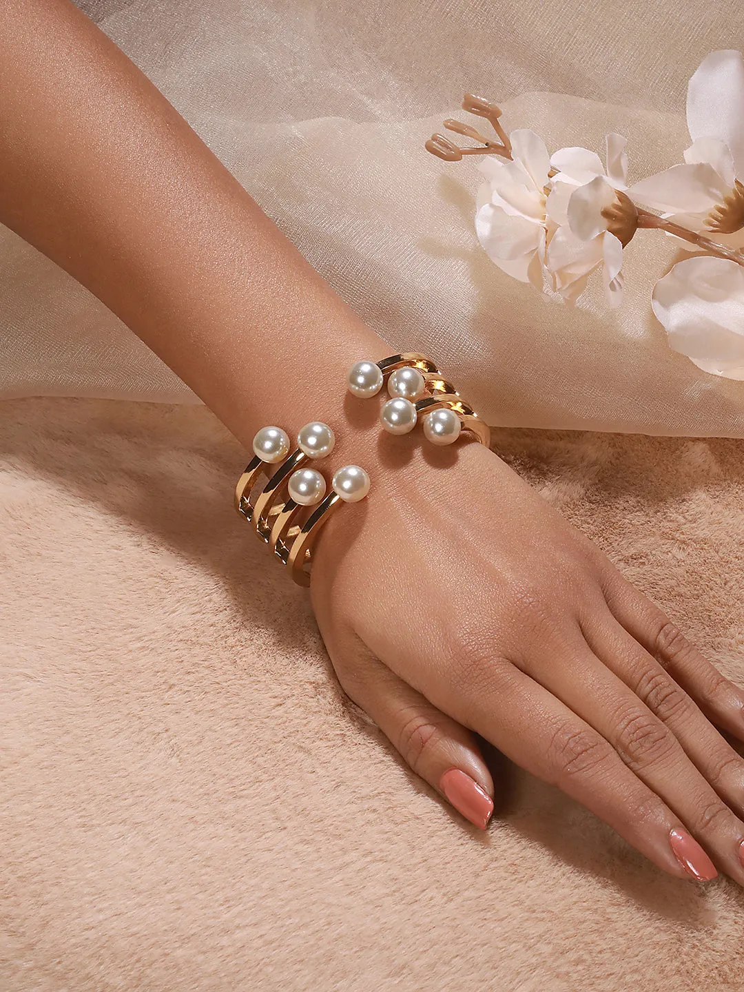 Gold-Plated Pearls Studded Cuff Bracelet