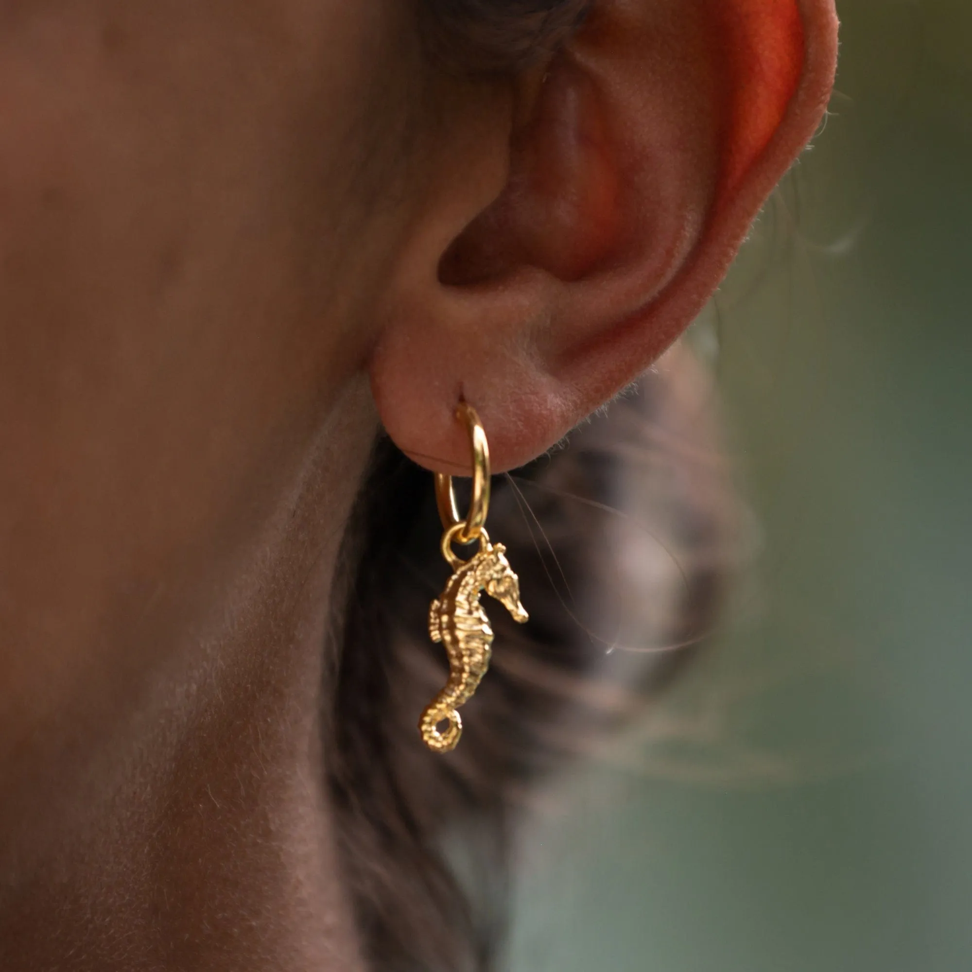 Gold Plated Seahorse Charm Hoop Earrings