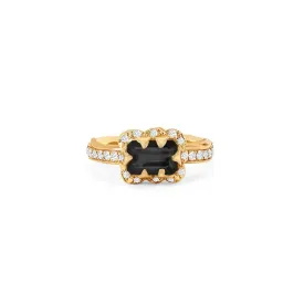 Micro Queen Emerald Cut Onyx Ring with Sprinkled Diamonds