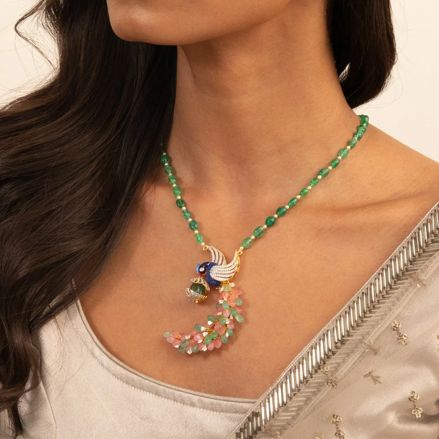 Mythical Peacock CZ Silver Pendant Necklace