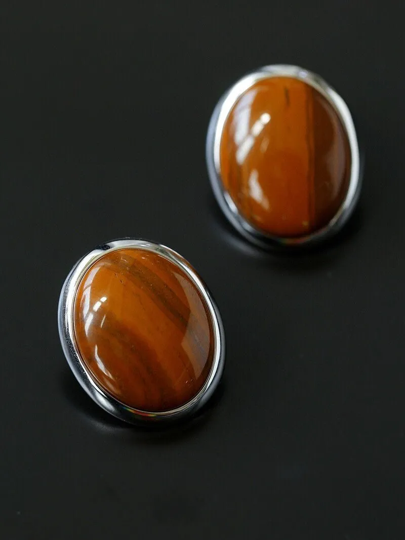 Oval Stud Earrings: White Mother-of-Pearl, Black Onyx, Wood Grain Stone