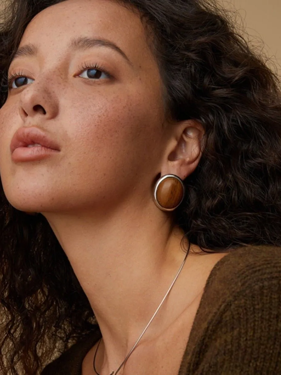 Oval Stud Earrings: White Mother-of-Pearl, Black Onyx, Wood Grain Stone