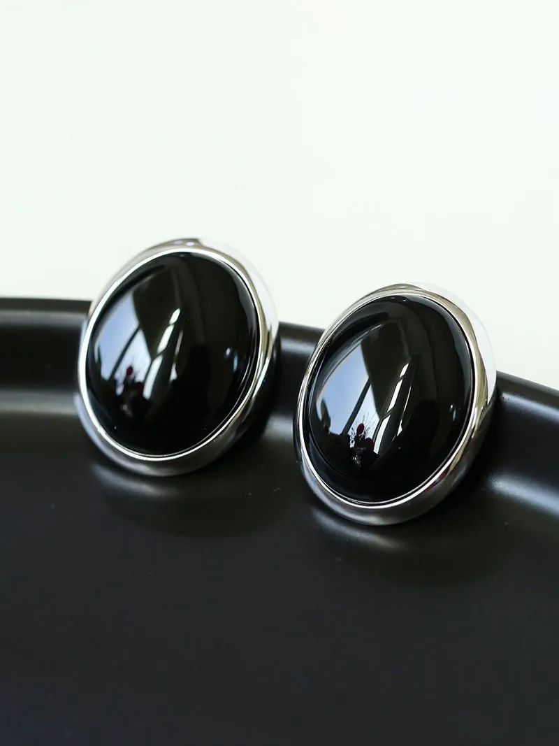 Oval Stud Earrings: White Mother-of-Pearl, Black Onyx, Wood Grain Stone