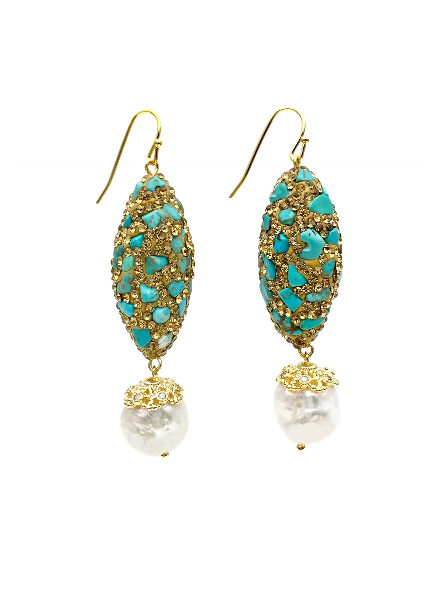 Rhinestone bordered turquoise with freshwater pearls Earrings AE019