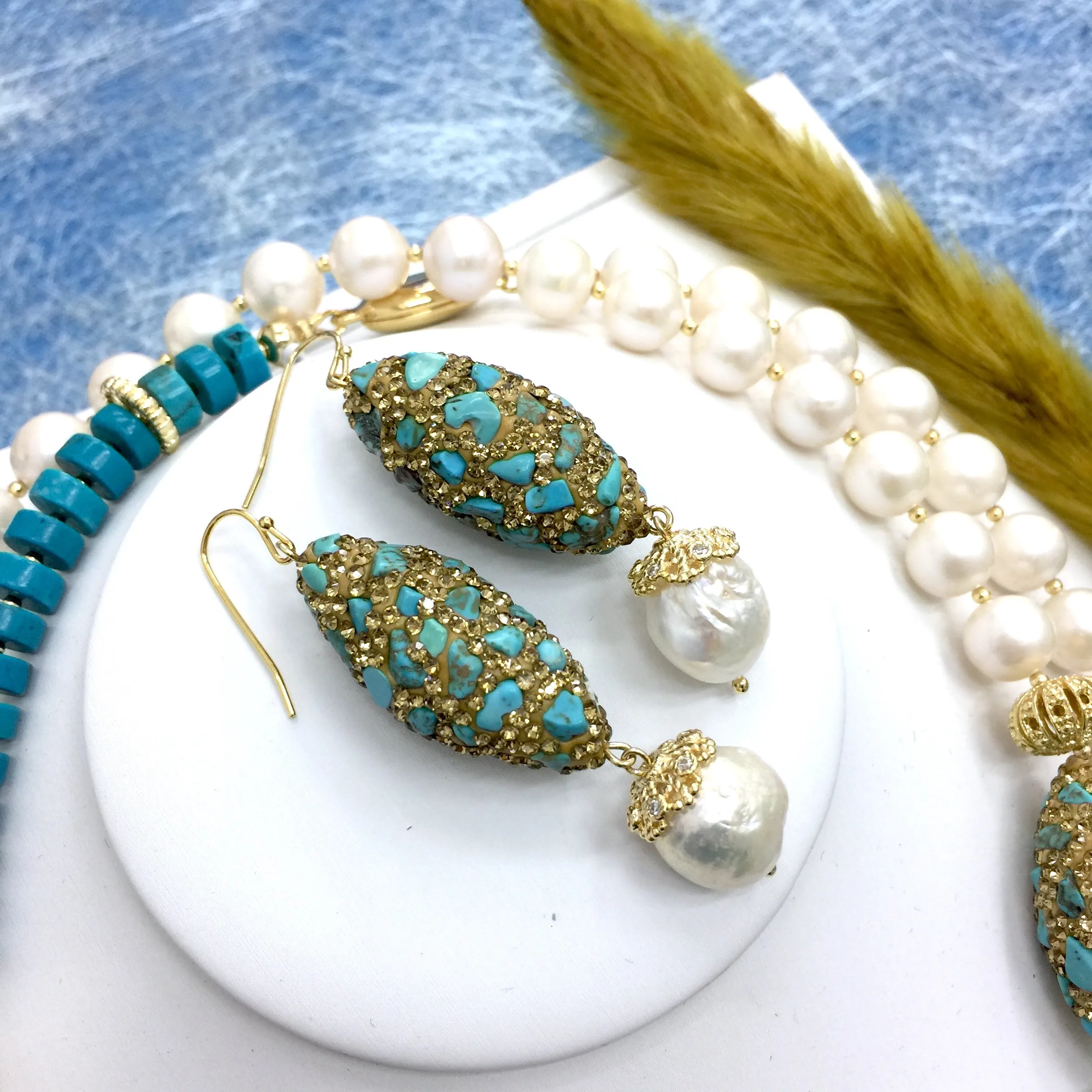 Rhinestone bordered turquoise with freshwater pearls Earrings AE019