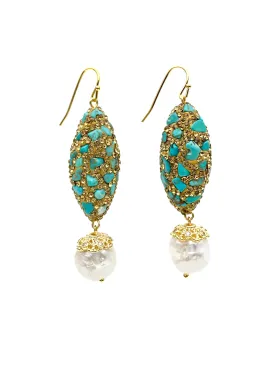 Rhinestone bordered turquoise with freshwater pearls Earrings AE019