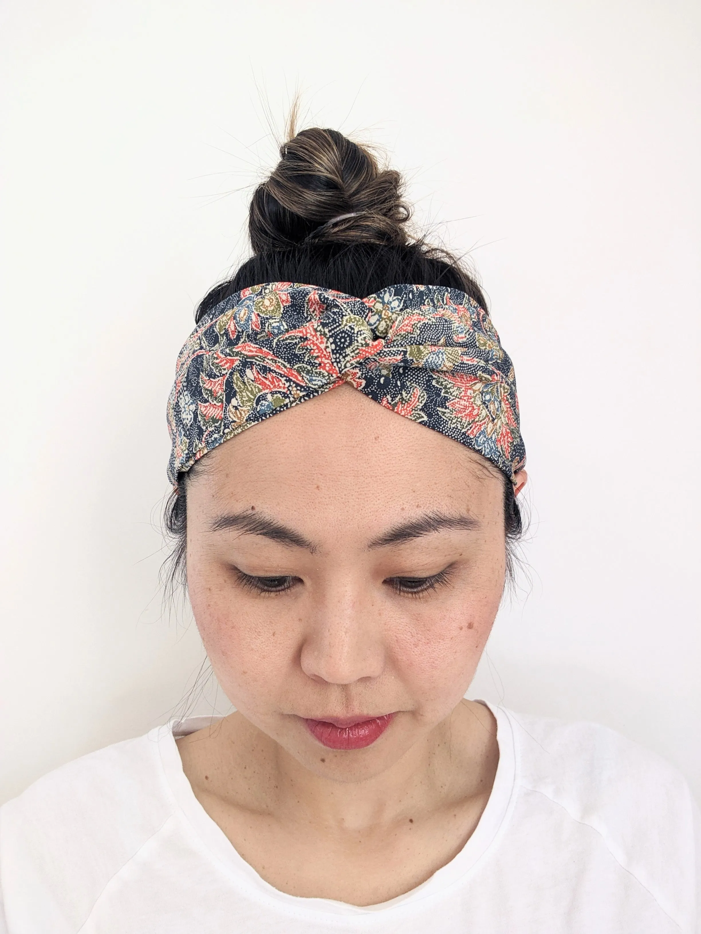 Silk Turban Headband - White with tiffany blue flowers