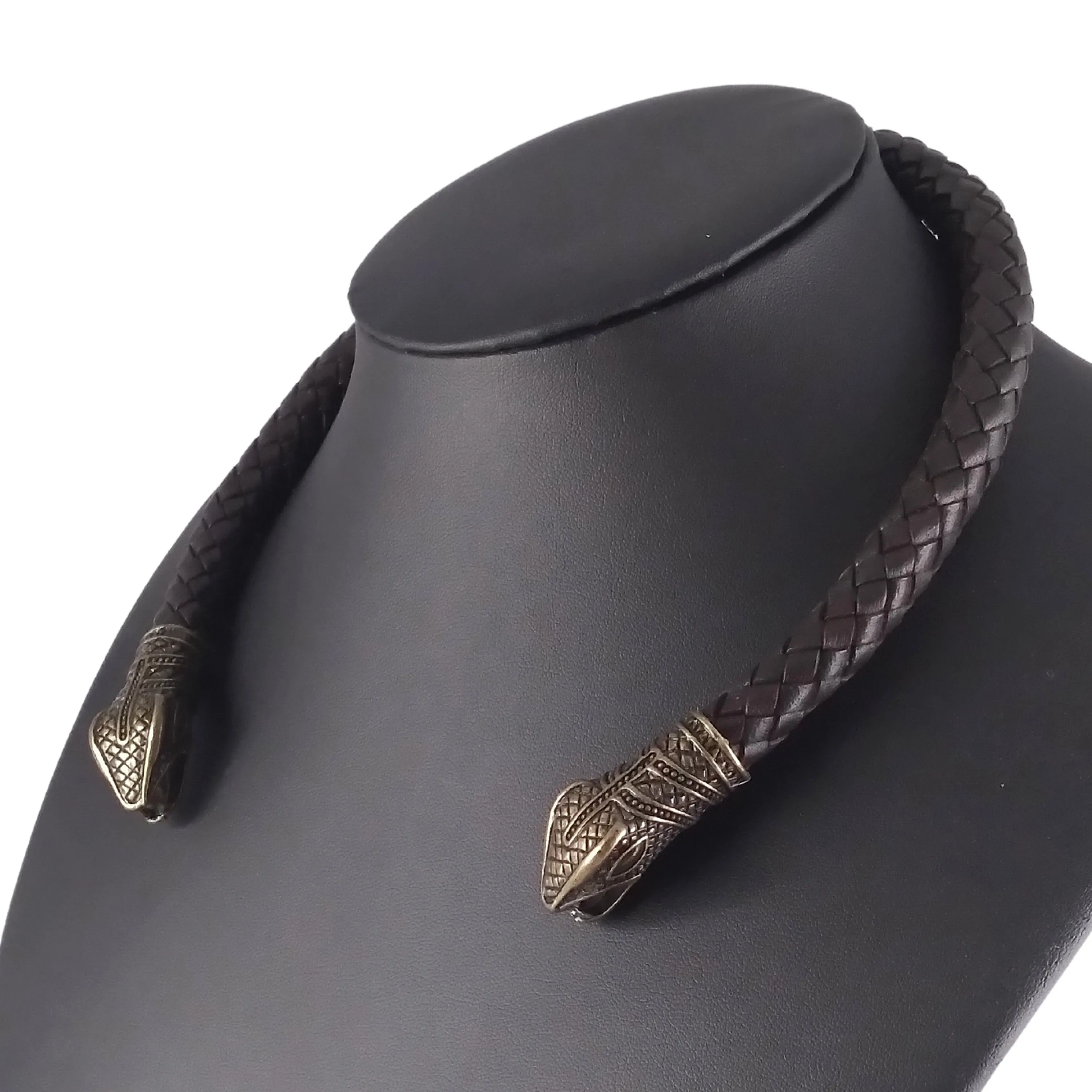 Snake Torc Necklace Bronze Brown Leather