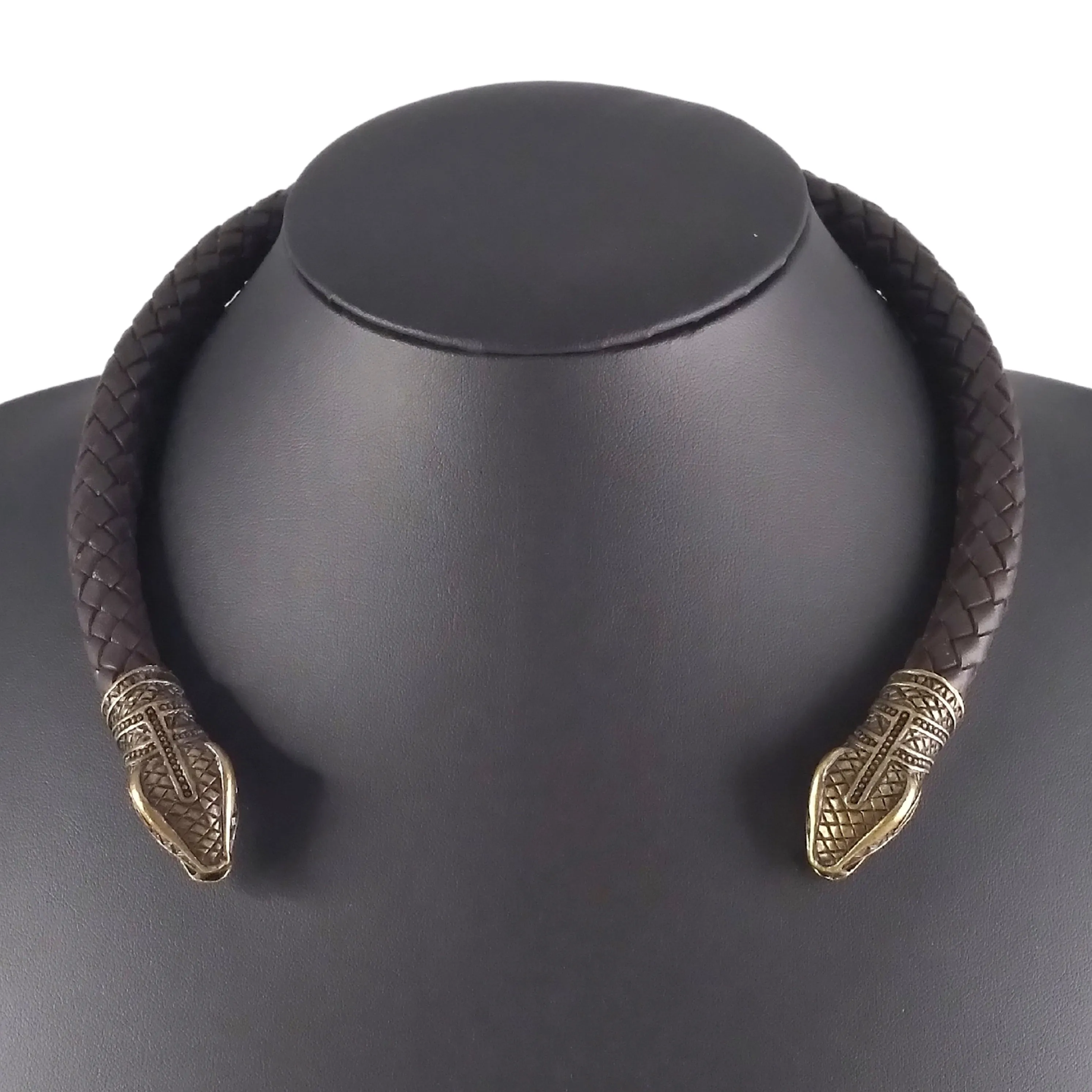 Snake Torc Necklace Bronze Brown Leather