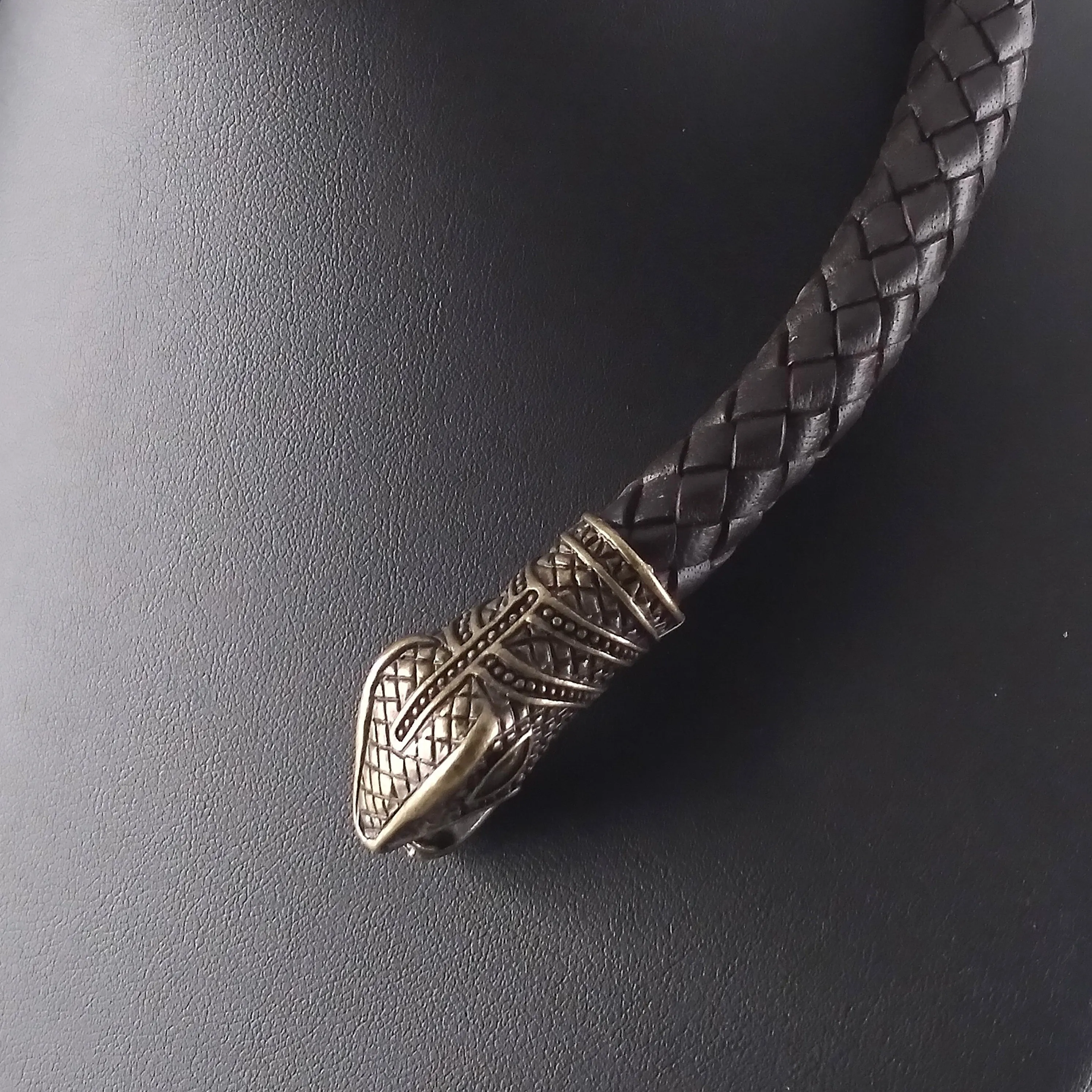 Snake Torc Necklace Bronze Brown Leather