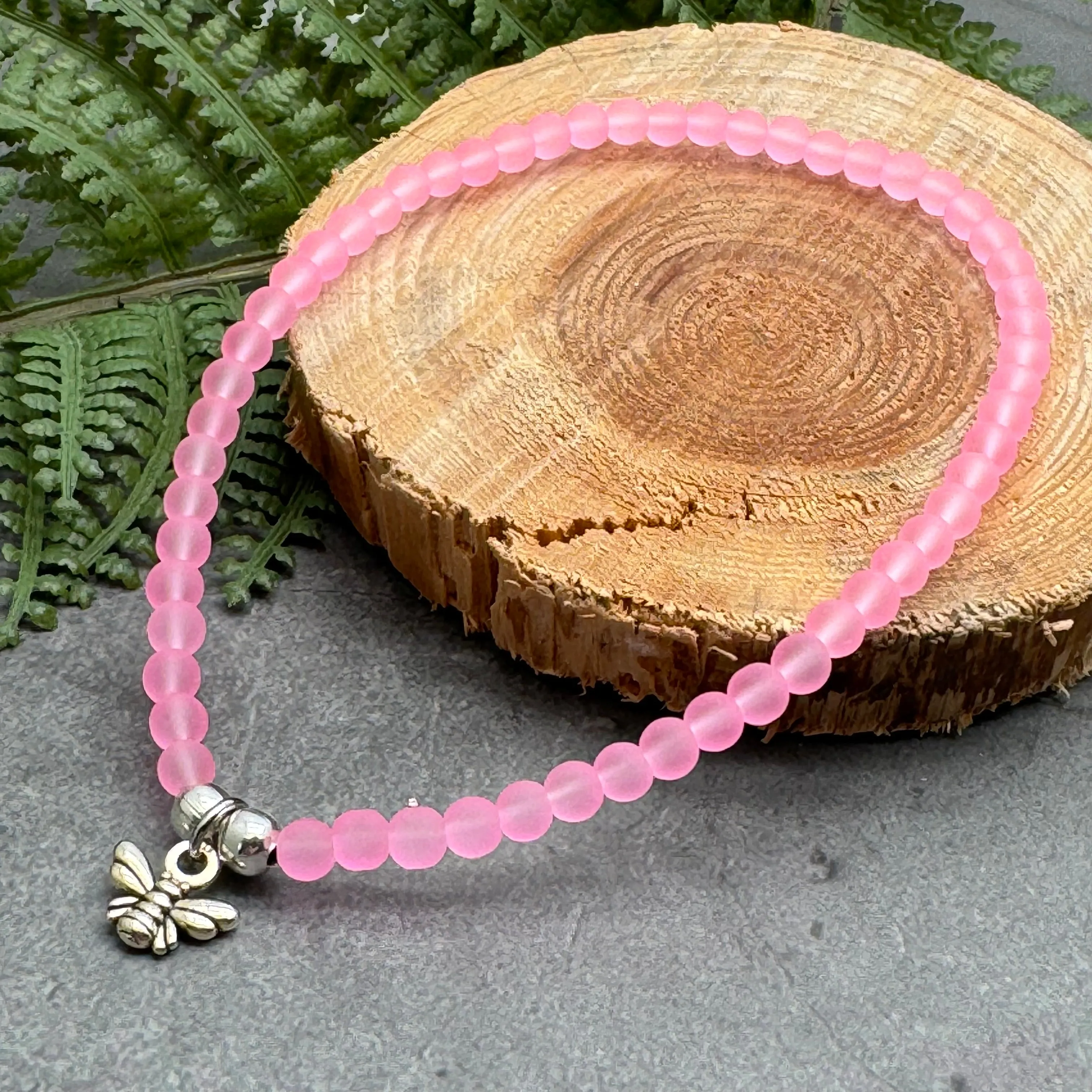 Tiny Bee Charm Frosted Bead Anklet - Colour Choice