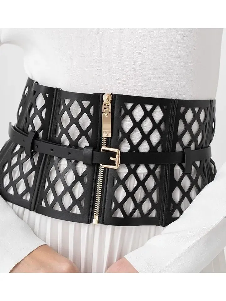 Women’s Black Leather Laser Cut-Out Corset Belt