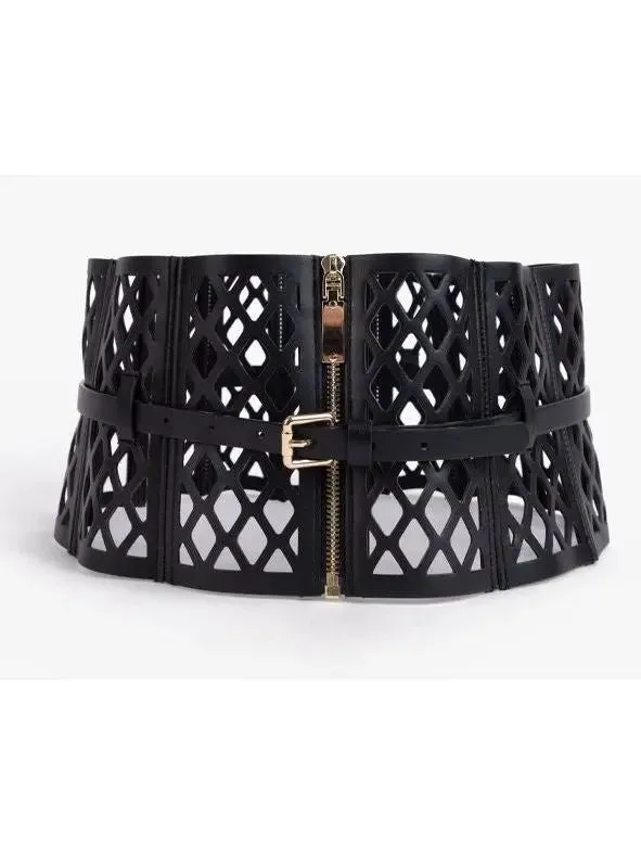 Women’s Black Leather Laser Cut-Out Corset Belt