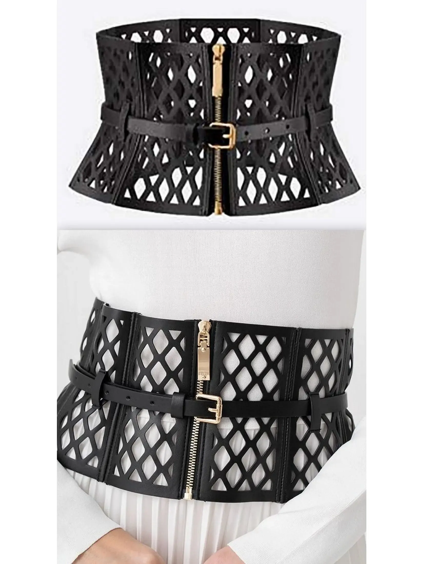 Women’s Black Leather Laser Cut-Out Corset Belt
