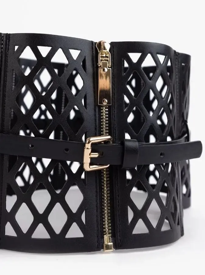 Women’s Black Leather Laser Cut-Out Corset Belt