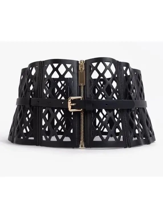 Women’s Black Leather Laser Cut-Out Corset Belt