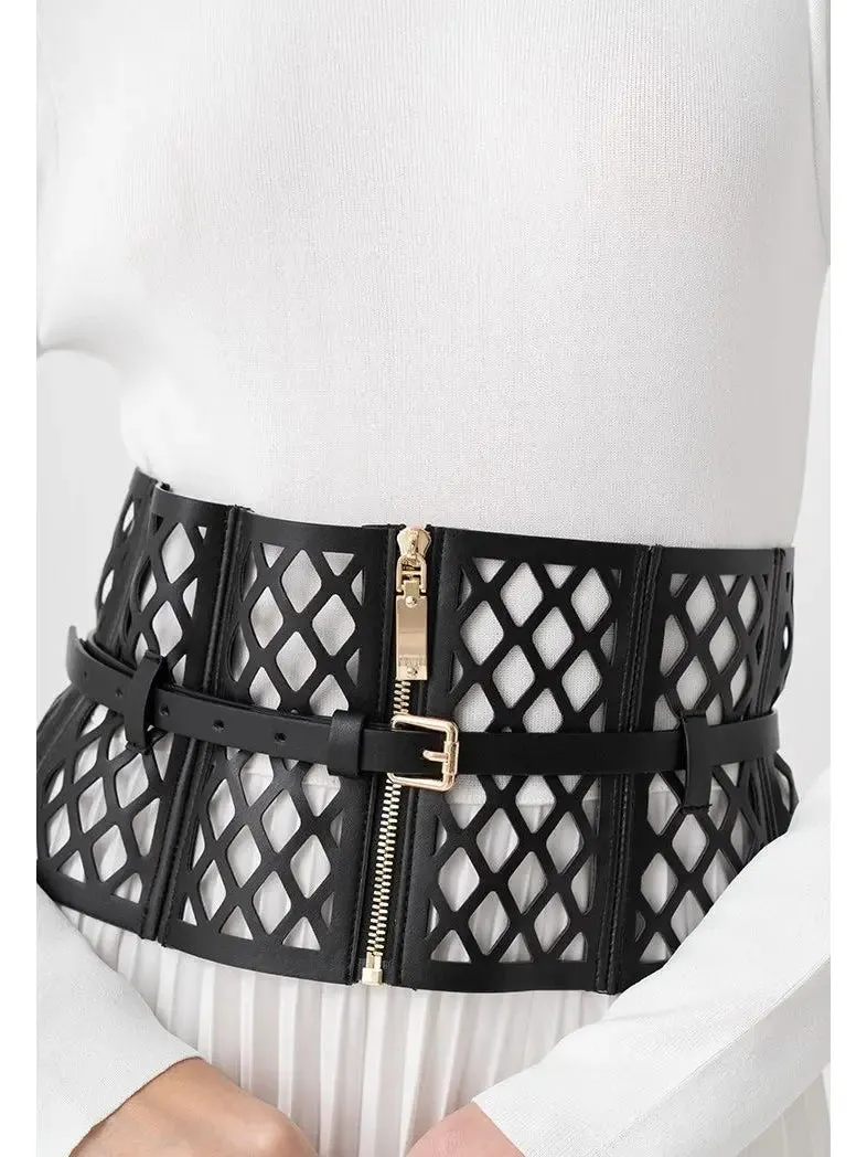 Women’s Black Leather Laser Cut-Out Corset Belt