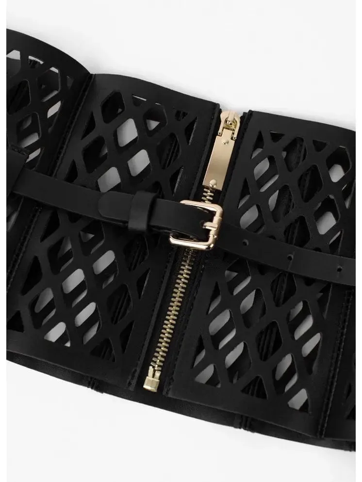Women’s Black Leather Laser Cut-Out Corset Belt